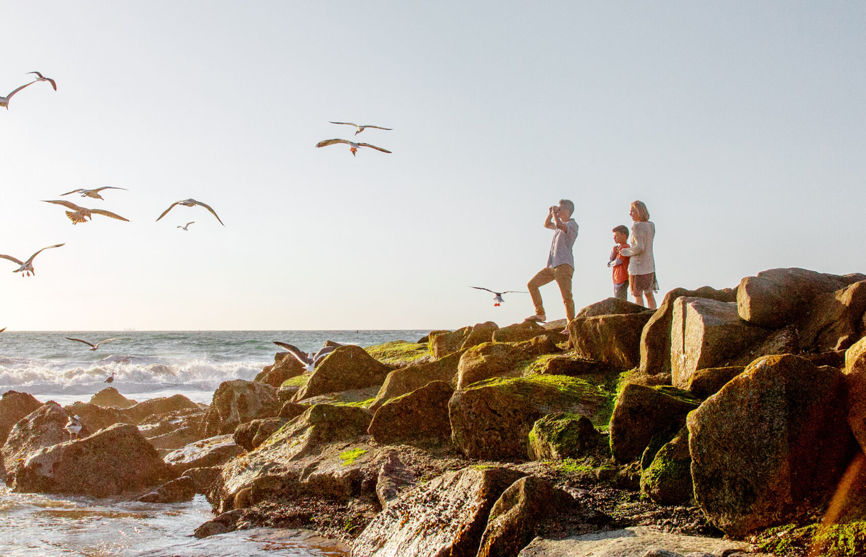 A man, woman, and child standing on rocks near the water’s edge looking at seagulls flying by