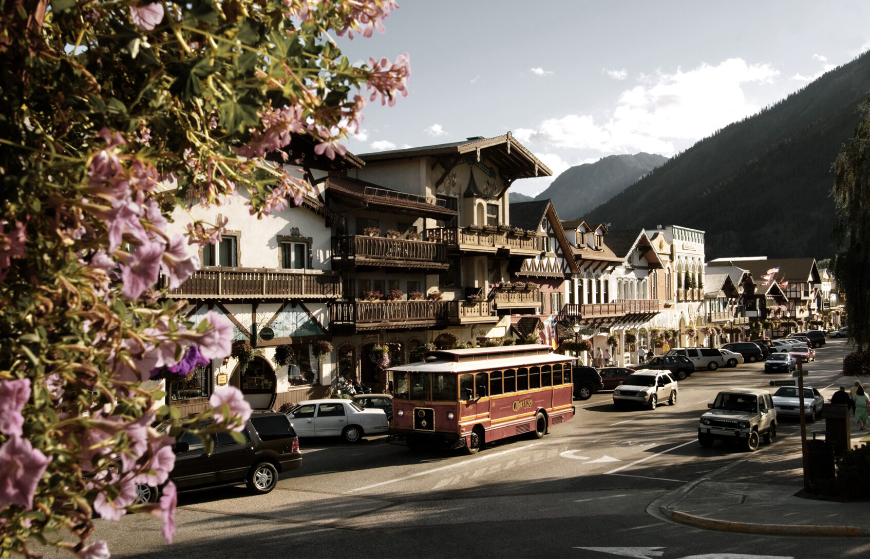 Vehicles drive past the Bavarian village in Leavenworth, Washington.