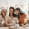 Multigenerational family women taking pictures of their pottery artwork with smartphone.