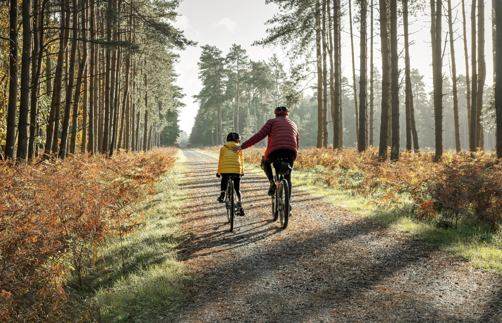 A young girl and father cycling in the forest.