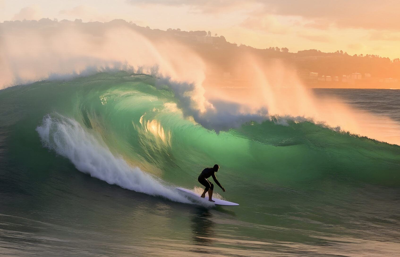 A surfer riding inside a large green barrel wave at sunset.