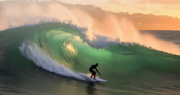 A surfer riding inside a large green barrel wave at sunset.